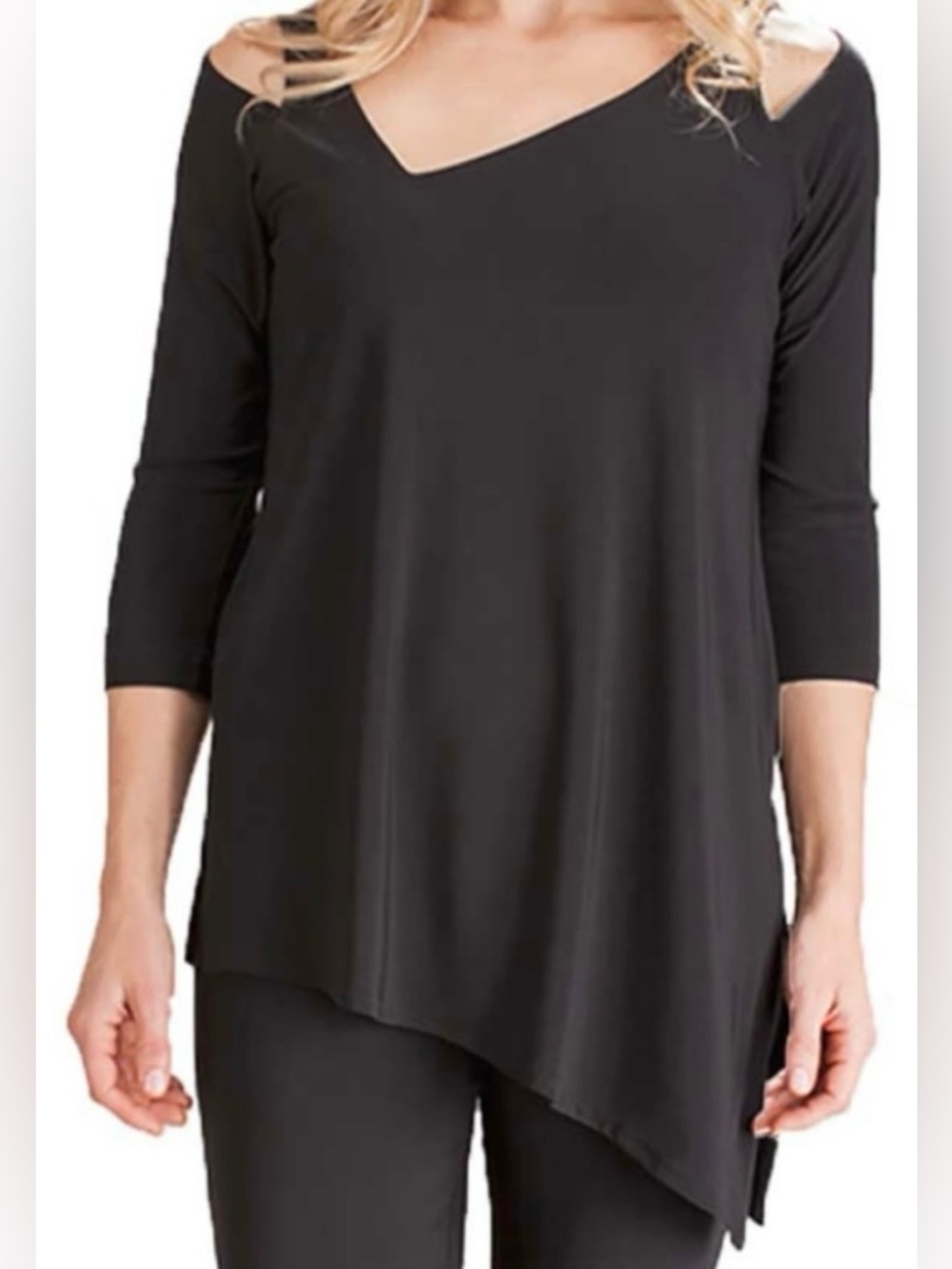 Sympli Black Asymmetrical 3/4 Sleeve Blouse Top Women’s Sz 4 Stretch Pullover